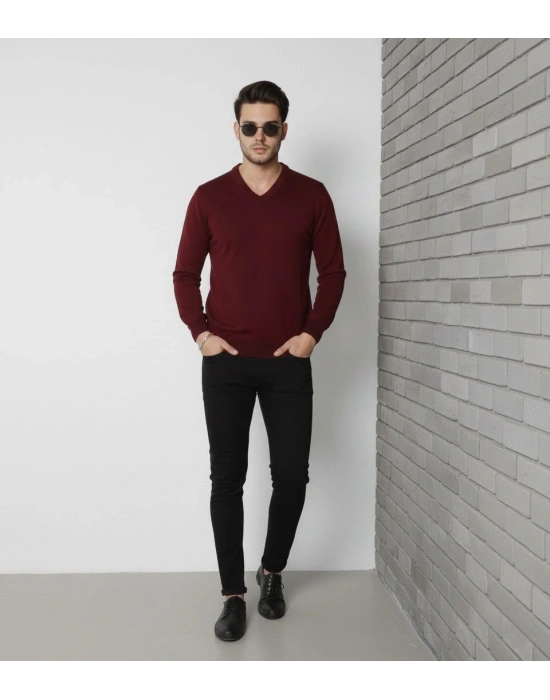 Erkek V Yaka Triko Kazak yumuşak dokulu Pamuklu ince Dokuma uzun kollu Regular - Bordo