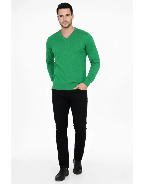 Erkek V Yaka Triko Kazak yumuşak dokulu Pamuklu ince Dokuma uzun kollu - Çimen Yeşili