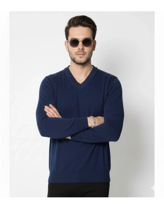 Erkek V Yaka Triko Kazak yumuşak dokulu Pamuklu ince Dokuma uzun kollu Regular - Lacivert