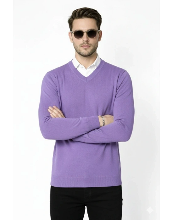 Erkek V Yaka Triko Kazak yumuşak dokulu Pamuklu ince Dokuma, uzun kollu Rahat Regular kalıp - Mor
