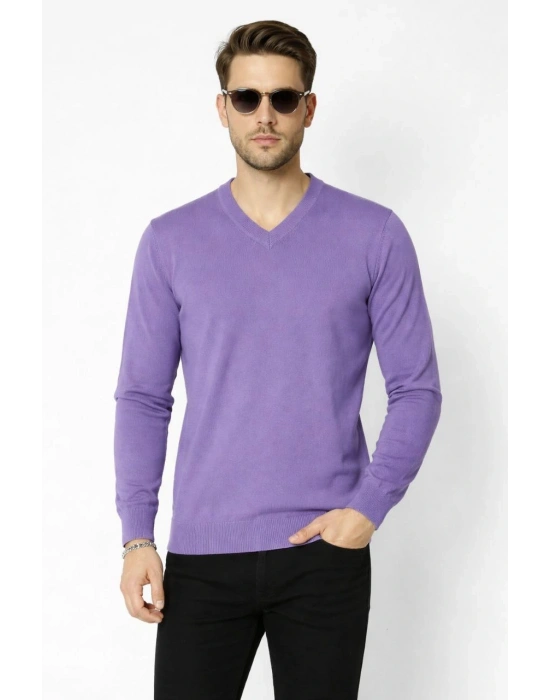 Erkek V Yaka Triko Kazak yumuşak dokulu Pamuklu ince Dokuma, uzun kollu Rahat Regular kalıp - Mor