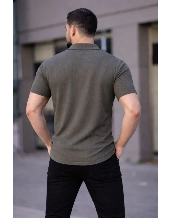 Erkek Waffle Dokuma Açık Yakalı Düğmeli Regular Kalıp 2’li Gömlek Seti - Haki & Bej