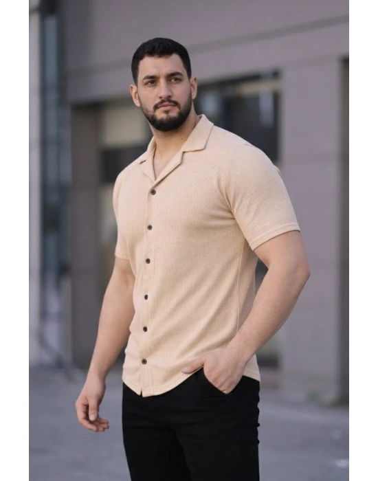 Erkek Waffle Dokuma Açık Yakalı Düğmeli Regular Kalıp 2’li Gömlek Seti - Haki & Bej