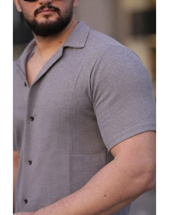 Erkek Waffle Dokuma Açık Yakalı Düğmeli Regular Kalıp 2’li Gömlek Seti - Lacivert & Gri