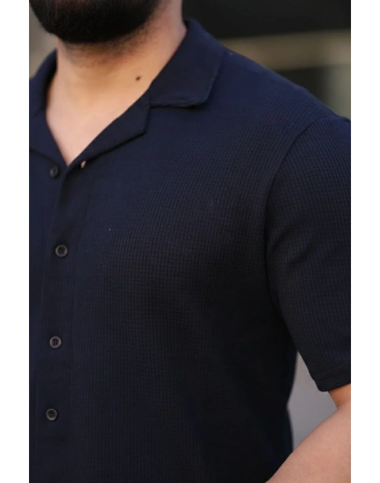 Erkek Waffle Dokuma Açık Yakalı Düğmeli Regular Kalıp 2’li Gömlek Seti - Lacivert & Gri