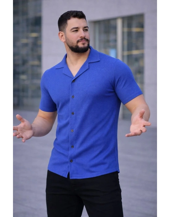 Erkek Waffle Dokuma Açık Yakalı Düğmeli Regular Kalıp 2’li Gömlek Seti - Siyah & Saks Mavisi