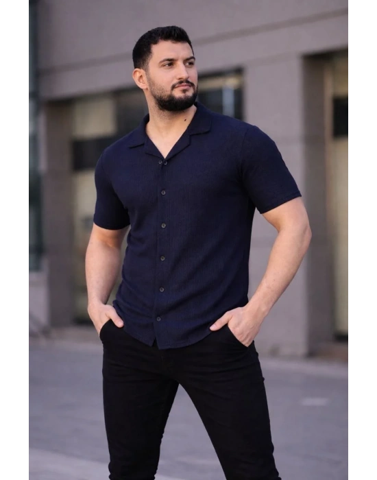 Erkek Waffle Dokuma Açık Yakalı Düğmeli Regular Kalıp 3’lü Gömlek Seti - Bej, Beyaz, Lacivert