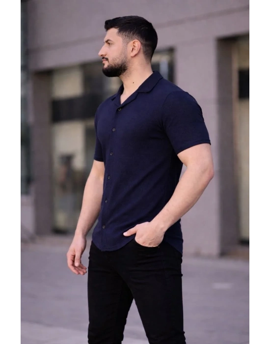 Erkek Waffle Dokuma Açık Yakalı Düğmeli Regular Kalıp 3’lü Gömlek Seti - Bej, Beyaz, Lacivert