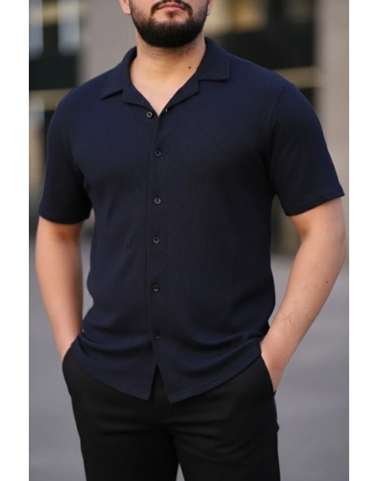 Erkek Waffle Dokuma Açık Yakalı Düğmeli Regular Kalıp 3’lü Gömlek Seti - Bej, Beyaz, Lacivert