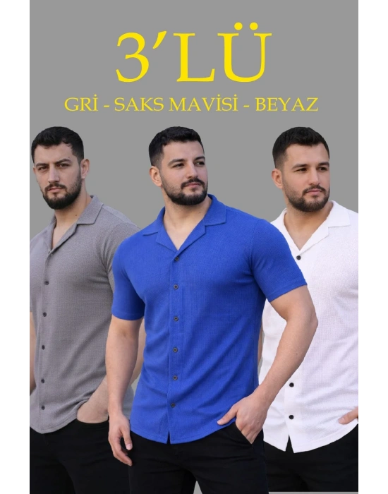 Erkek Waffle Dokuma Açık Yakalı Düğmeli Regular Kalıp 3’lü Gömlek Seti - Gri, Saks Mavisi, Beyaz