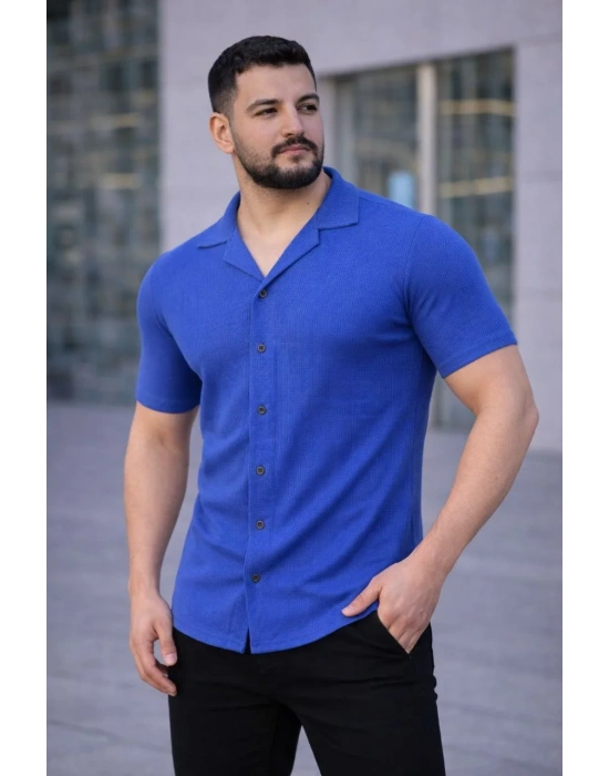 Erkek Waffle Dokuma Açık Yakalı Düğmeli Regular Kalıp 3’lü Gömlek Seti - Gri, Saks Mavisi, Beyaz