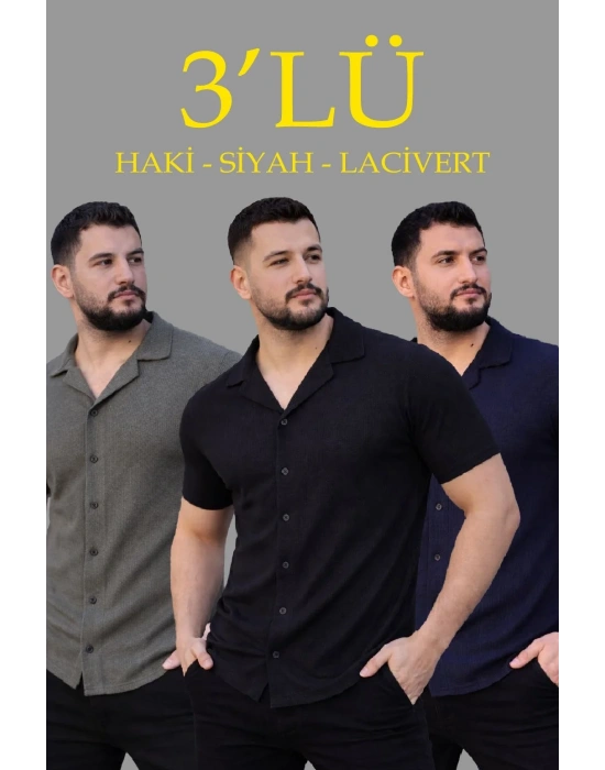 Erkek Waffle Dokuma Açık Yakalı Düğmeli Regular Kalıp 3’lü Gömlek Seti - Siyah, Haki, Lacivert