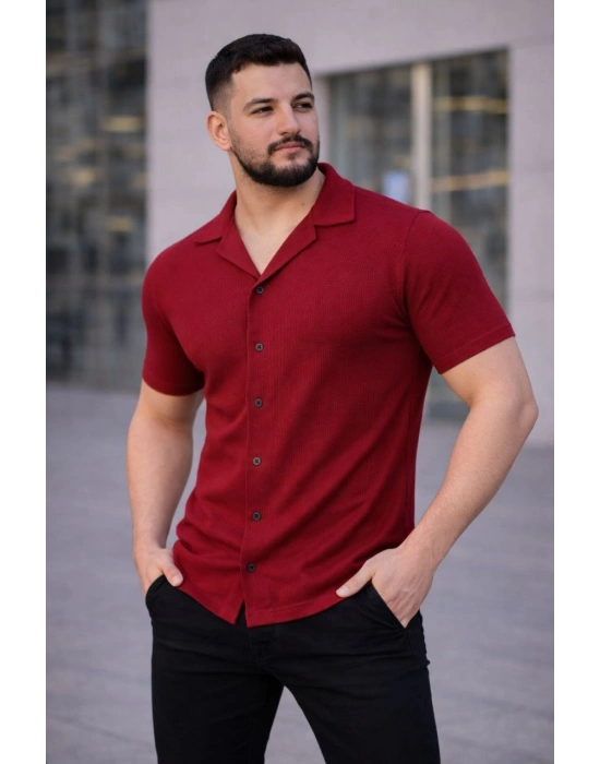 Erkek Waffle Kumaş Kısa Kollu Düğmeli Açık Yaka Regular Fit Gömlek - Kırmızı