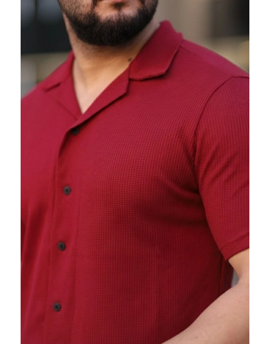 Erkek Waffle Kumaş Kısa Kollu Düğmeli Açık Yaka Regular Fit Gömlek - Kırmızı