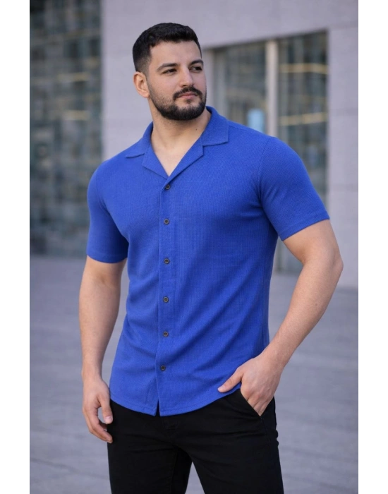 Erkek Waffle Kumaş Kısa Kollu Düğmeli Açık Yaka Regular Fit Gömlek - Saks Mavisi
