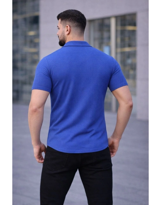 Erkek Waffle Kumaş Kısa Kollu Düğmeli Açık Yaka Regular Fit Gömlek - Saks Mavisi