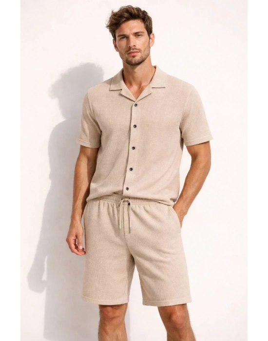 Erkek Waffle Kısa Kollu Gömlek Şort Takım Regular Fit İkili Set - Bej