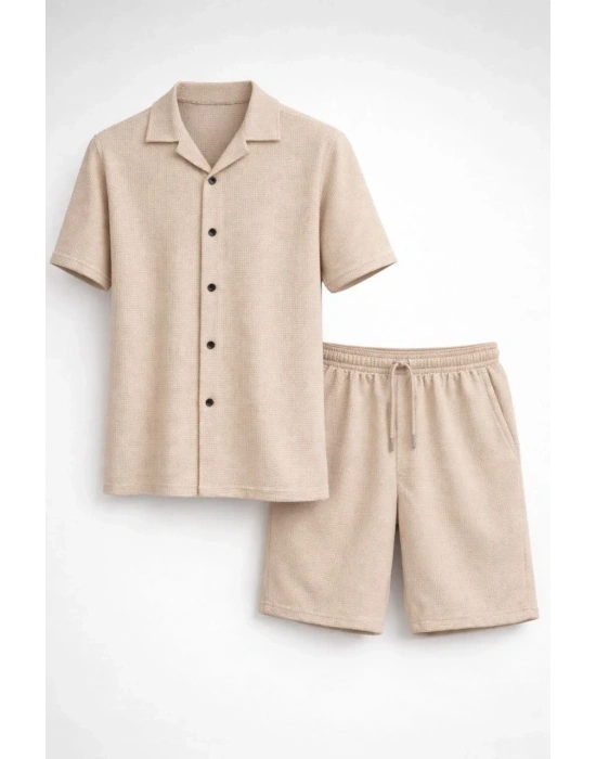 Erkek Waffle Kısa Kollu Gömlek Şort Takım Regular Fit İkili Set - Bej