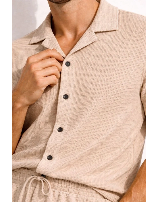 Erkek Waffle Kısa Kollu Gömlek Şort Takım Regular Fit İkili Set - Bej