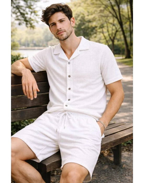 Erkek Waffle Kumaş Kısa Kollu Gömlek Şort Takım Regular Fit Yazlık İkili Set - Beyaz