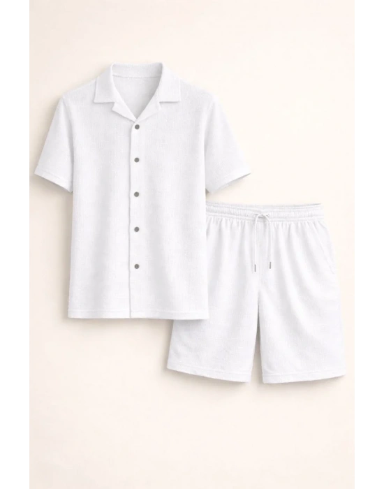 Erkek Waffle Kumaş Kısa Kollu Gömlek Şort Takım Regular Fit Yazlık İkili Set - Beyaz
