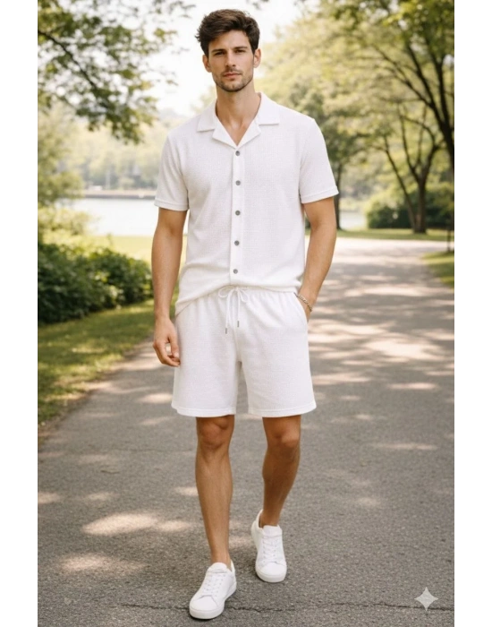 Erkek Waffle Kumaş Kısa Kollu Gömlek Şort Takım Regular Fit Yazlık İkili Set - Beyaz