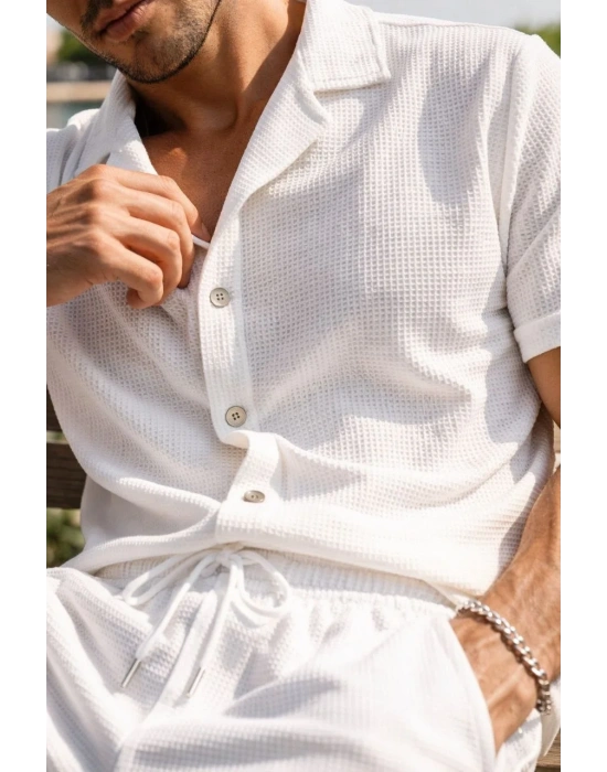 Erkek Waffle Kumaş Kısa Kollu Gömlek Şort Takım Regular Fit Yazlık İkili Set - Beyaz