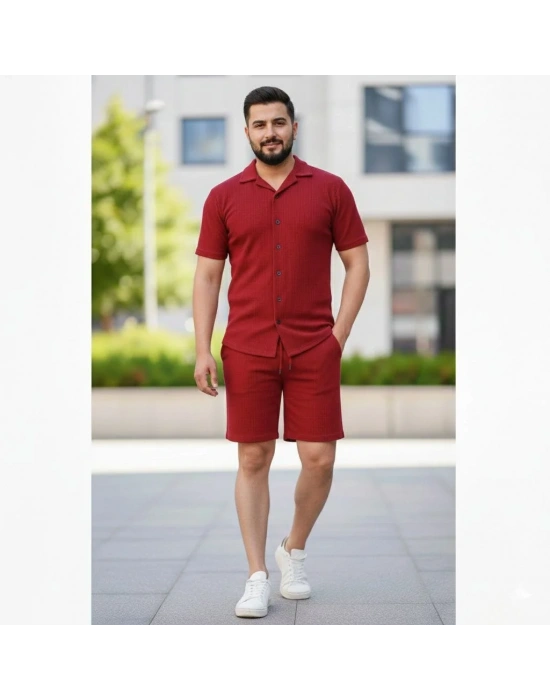 Erkek Waffle Kısa Kollu Gömlek Şort Takım Regular Fit İkili Set - Bordo