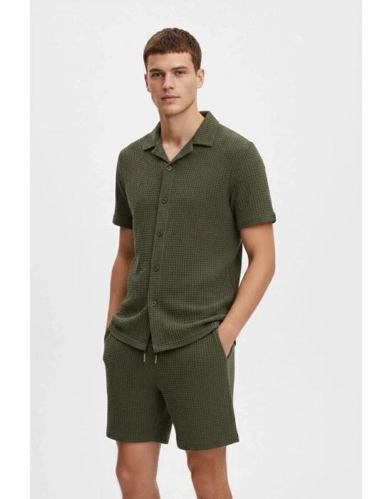 Erkek Waffle Kısa Kollu Gömlek Şort Takım Regular Fit İkili Set - Haki