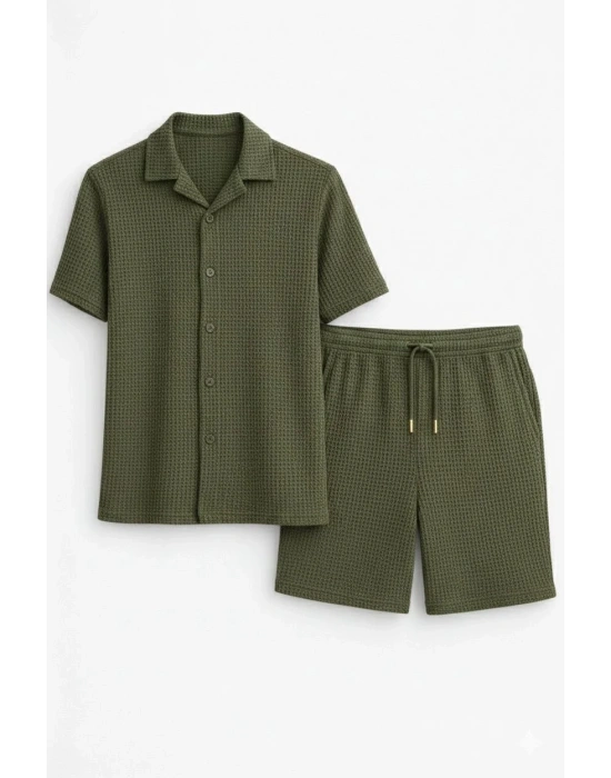 Erkek Waffle Kısa Kollu Gömlek Şort Takım Regular Fit İkili Set - Haki