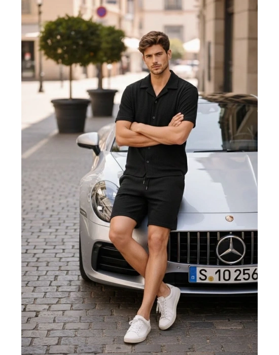 Erkek Waffle Kumaş Kısa Kollu Gömlek Şort Takım Regular Fit Yazlık İkili Set - Siyah