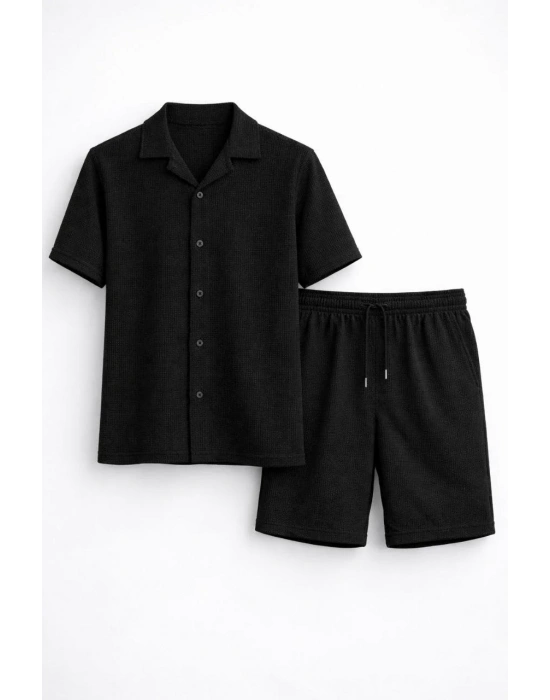 Erkek Waffle Kumaş Kısa Kollu Gömlek Şort Takım Regular Fit Yazlık İkili Set - Siyah