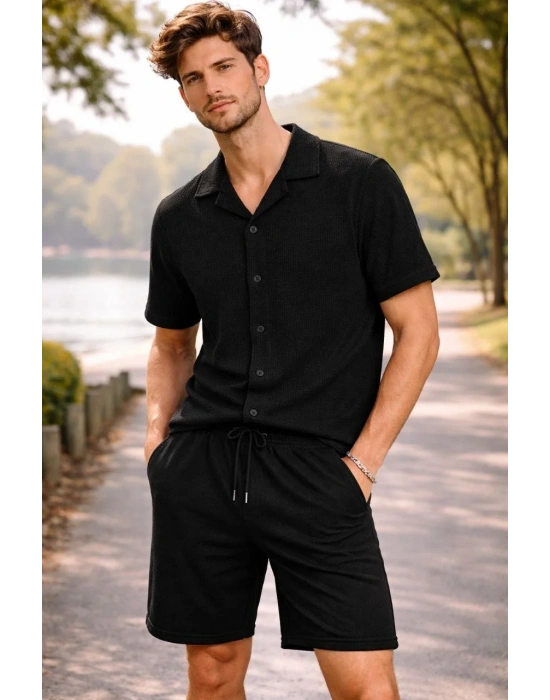 Erkek Waffle Kumaş Kısa Kollu Gömlek Şort Takım Regular Fit Yazlık İkili Set - Siyah