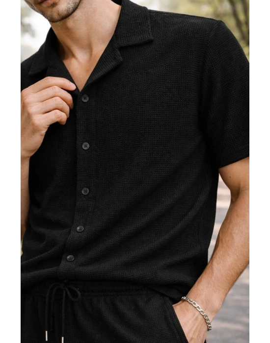 Erkek Waffle Kumaş Kısa Kollu Gömlek Şort Takım Regular Fit Yazlık İkili Set - Siyah