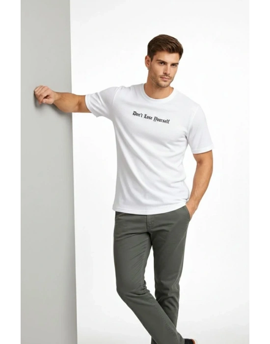 Erkek Wafıl Kumaş Tişört Regular Kalıp Bisiklet Yaka Baskılı Günlük Basic T-Shirt - Beyaz