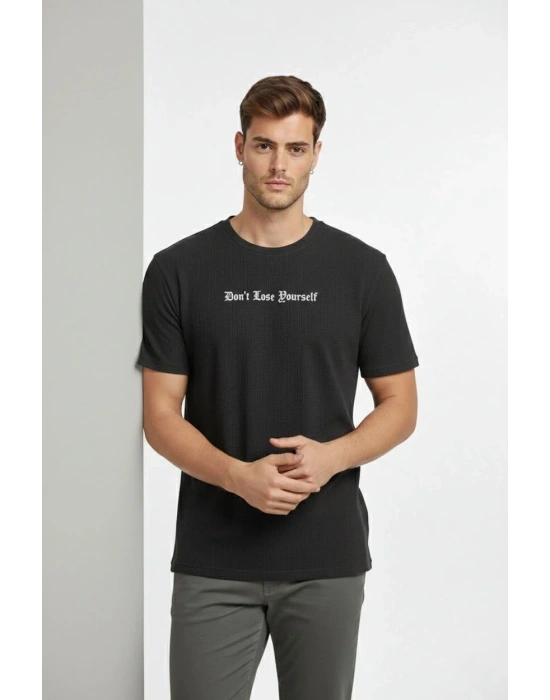 Erkek Wafıl Kumaş Tişört Regular Kalıp Bisiklet Yaka Baskılı Günlük Basic T-Shirt - Siyah