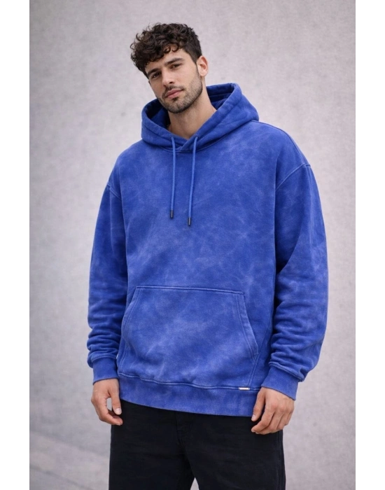 Erkek Yağ Yıkamalı Kapşonlu Double Oversize Üç İplik Pamuklu Sweatshirt - Mavi
