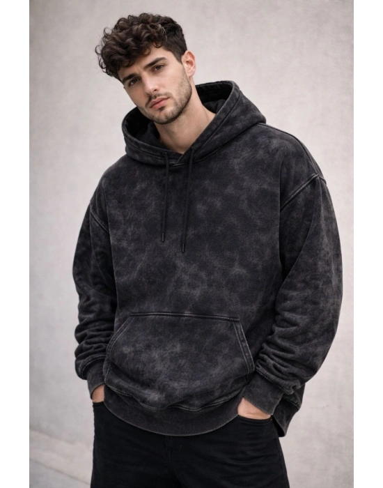 Erkek Yağ Yıkamalı Kapşonlu Double Oversize Üç İplik Pamuklu Sweatshirt - Siyah