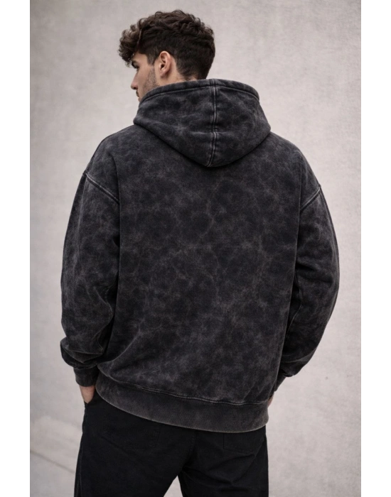 Erkek Yağ Yıkamalı Kapşonlu Double Oversize Üç İplik Pamuklu Sweatshirt - Siyah