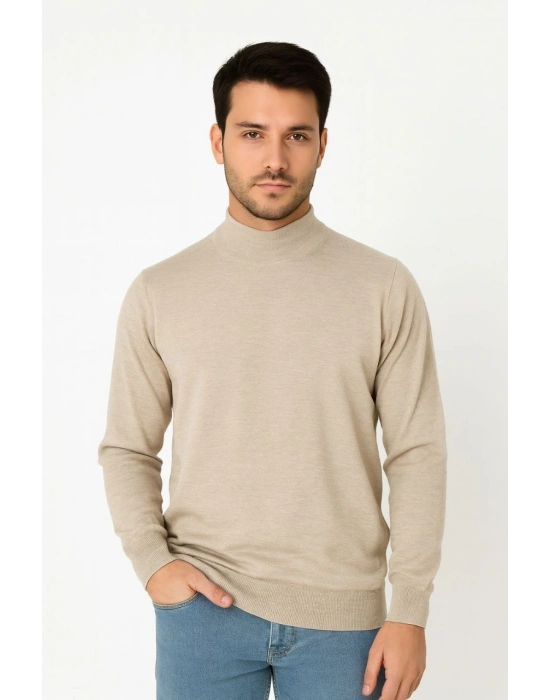 Erkek Yarım Boğaz Triko Kazak yumuşak dokulu Pamuklu ince Dokuma uzun kollu Regular - Bej