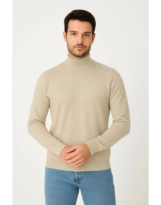 Erkek Yarım Boğaz Triko Kazak yumuşak dokulu Pamuklu ince Dokuma uzun kollu Regular - Bej