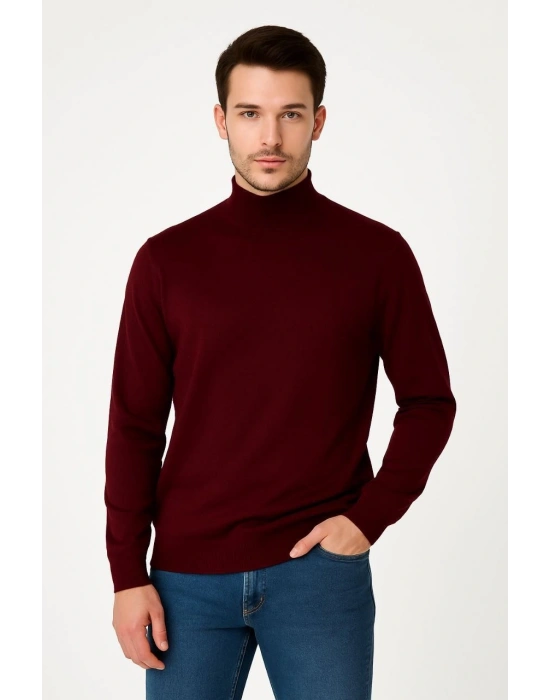 Erkek Yarım Boğaz Triko Kazak yumuşak dokulu Pamuklu ince Dokuma, uzun kollu Rahat Regular kalıp - Bordo