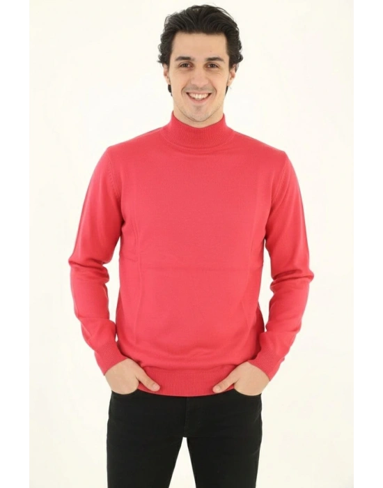 Erkek Yarım Boğaz Triko Kazak yumuşak dokulu Pamuklu ince Dokuma uzun kollu - Pembe