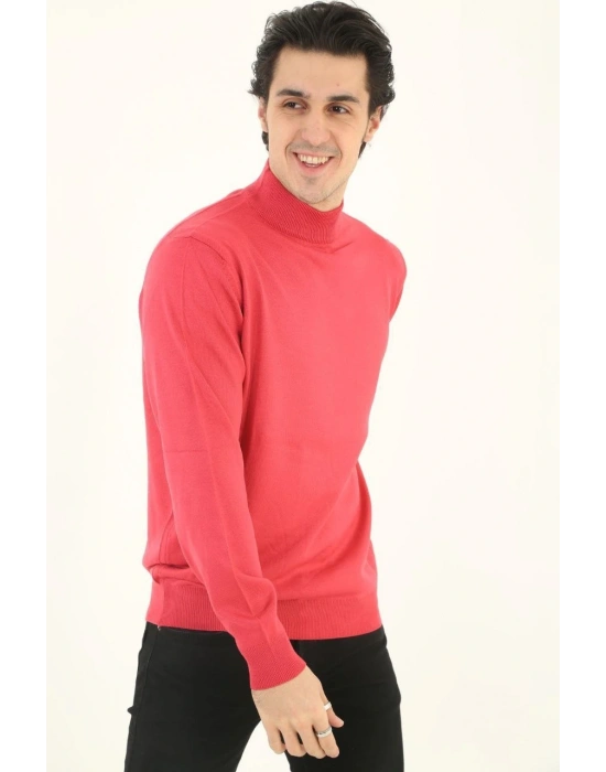 Erkek Yarım Boğaz Triko Kazak yumuşak dokulu Pamuklu ince Dokuma uzun kollu - Pembe