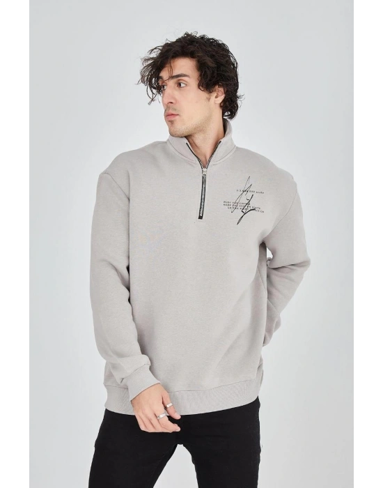 Erkek Yarım Fermuarlı Baskılı Sweat - Boyalı Gri