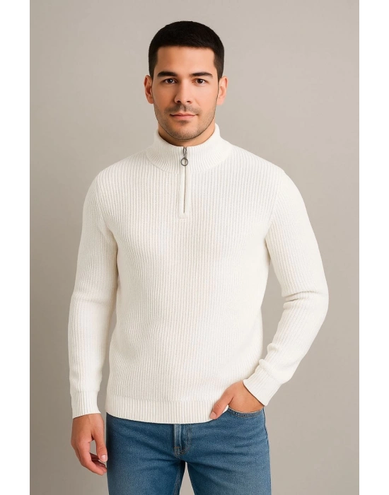 Erkek Yarım Fermuarlı Triko Kazak Selanik Örgü Dik Yaka Pamuklu Dokuma Regular Fit - Beyaz