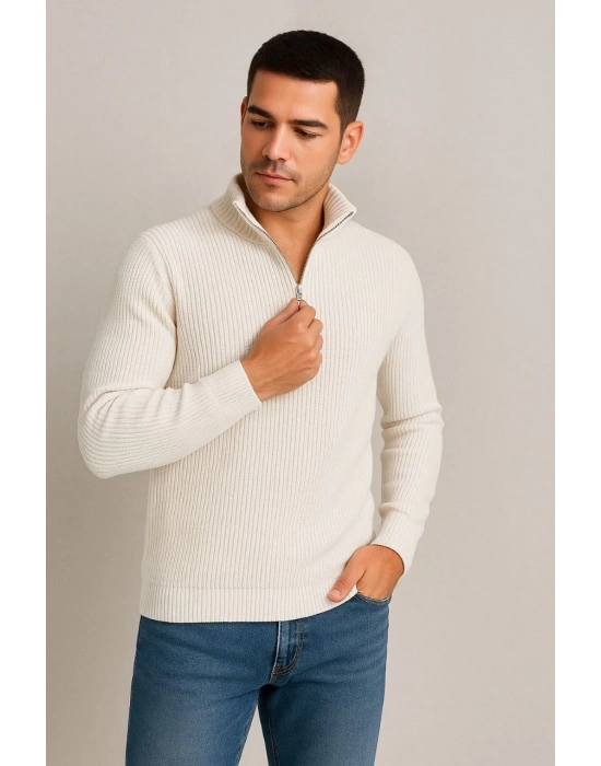 Erkek Yarım Fermuarlı Triko Kazak Selanik Örgü Dik Yaka Pamuklu Dokuma Regular Fit - Beyaz