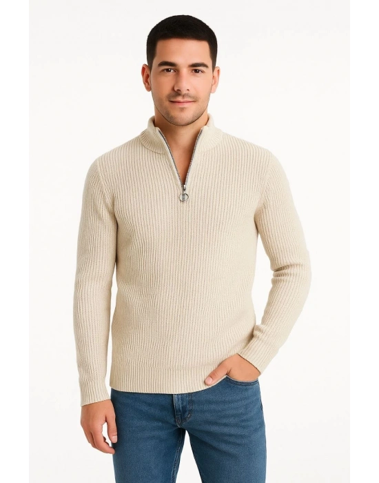 Erkek Yarım Fermuarlı Triko Kazak Selanik Örgü Dik Yaka Pamuklu Dokuma Regular Fit - Bej