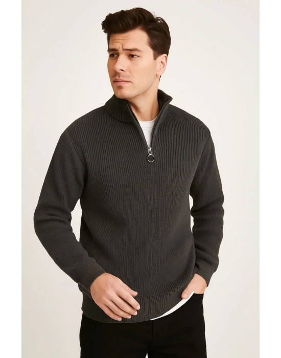 Erkek Yarım Fermuarlı Triko Kazak Selanik Örgü Dik Yaka Pamuklu Dokuma Regular Fit - Füme