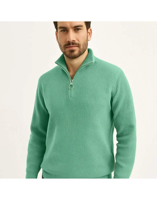 Erkek Yarım Fermuarlı Triko Kazak Selanik Örgü Dik Yaka Pamuklu Dokuma - Mint Yeşili